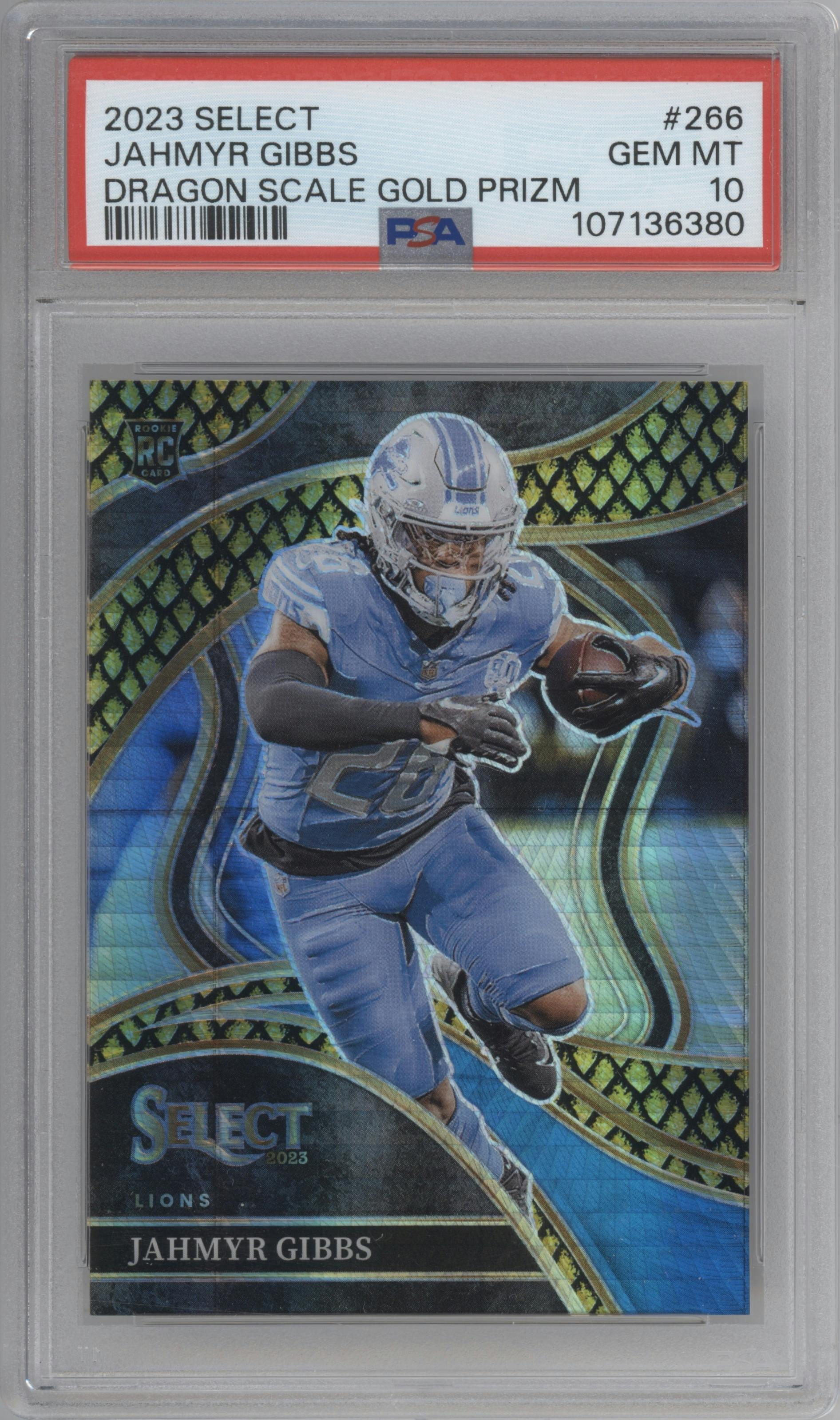 Jahmyr Gibbs from the 2023 Panini Select set featuring a Gold Dragon Scale parallel graded by PSA and given an overall grade of 10.