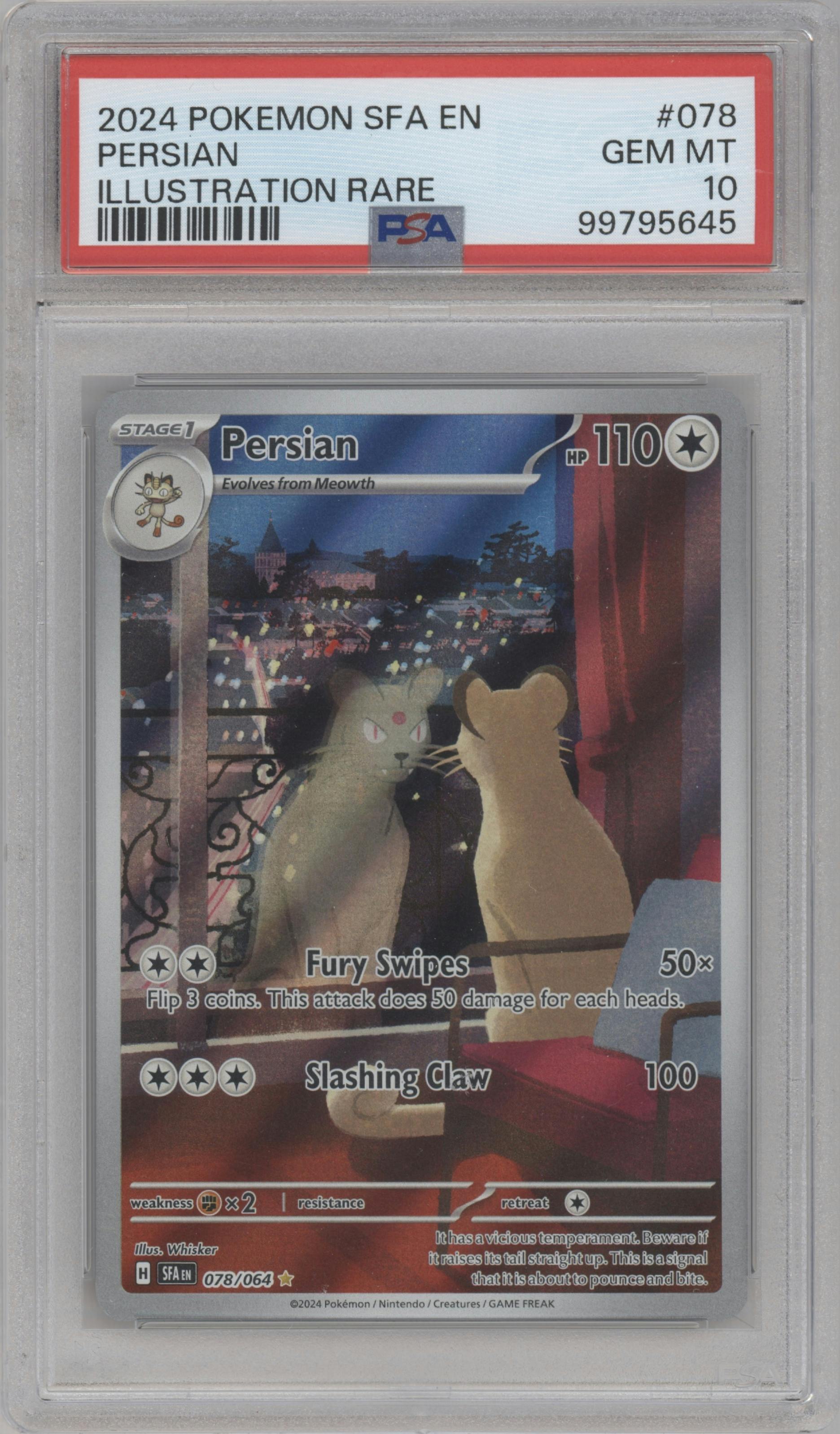 Persian from the 2024 Pokemon SV set graded by PSA and given an overall grade of 10.