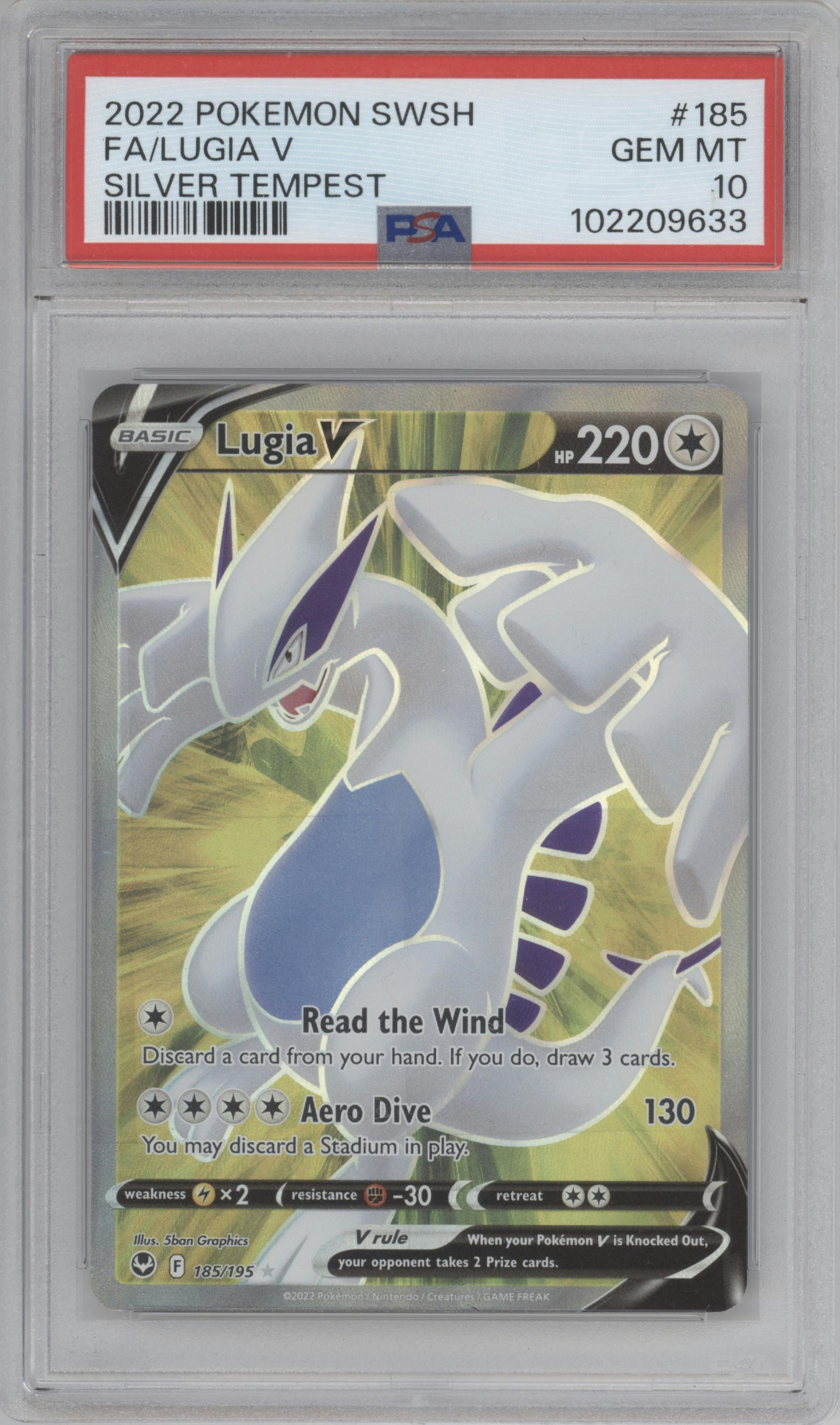 Lugia V from the 2022 Pokemon SWSH set graded by PSA and given an overall grade of 10.