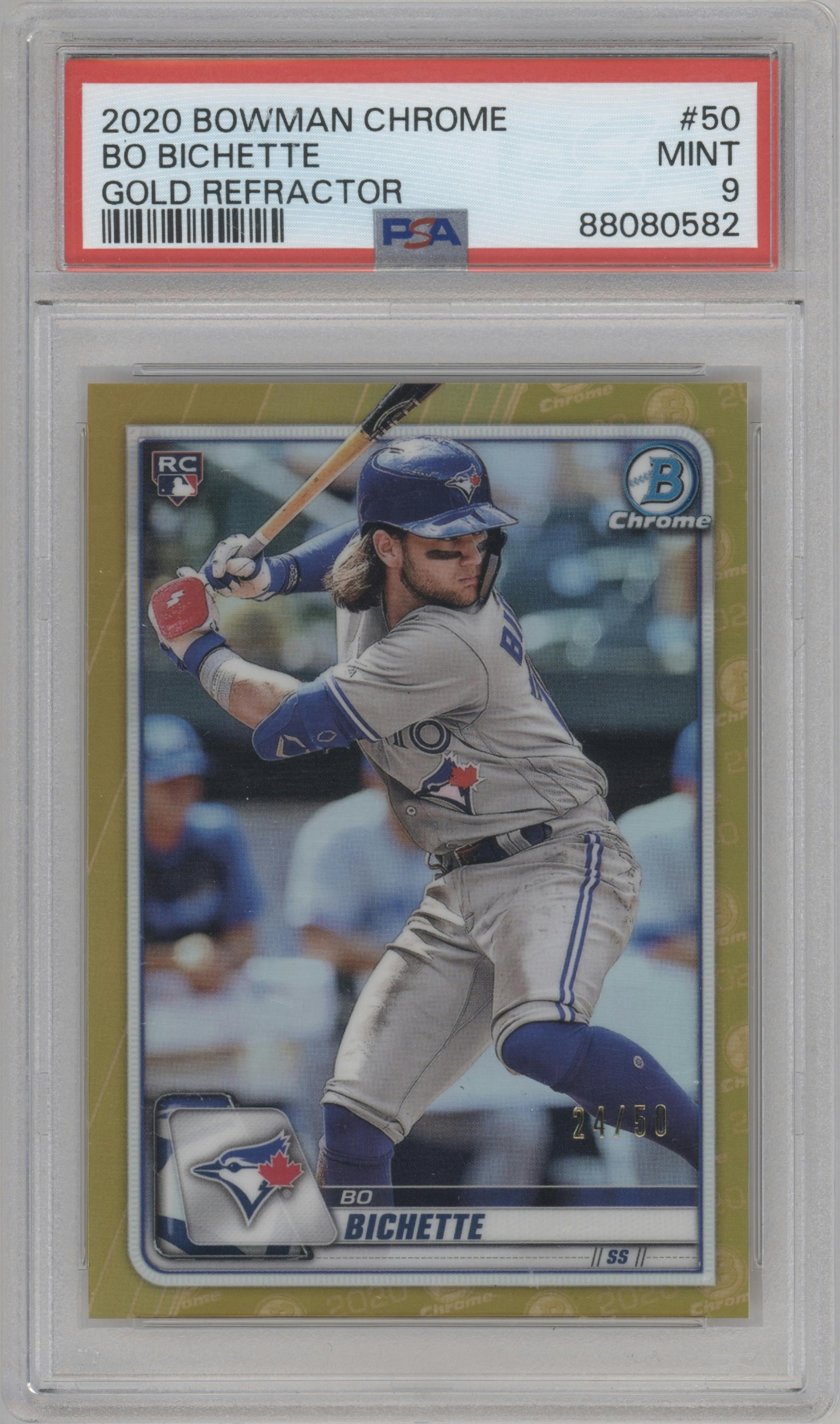 Bo Bichette from the 2020 Bowman Chrome set featuring a Gold Refractor parallel graded by PSA and given an overall grade of 9.