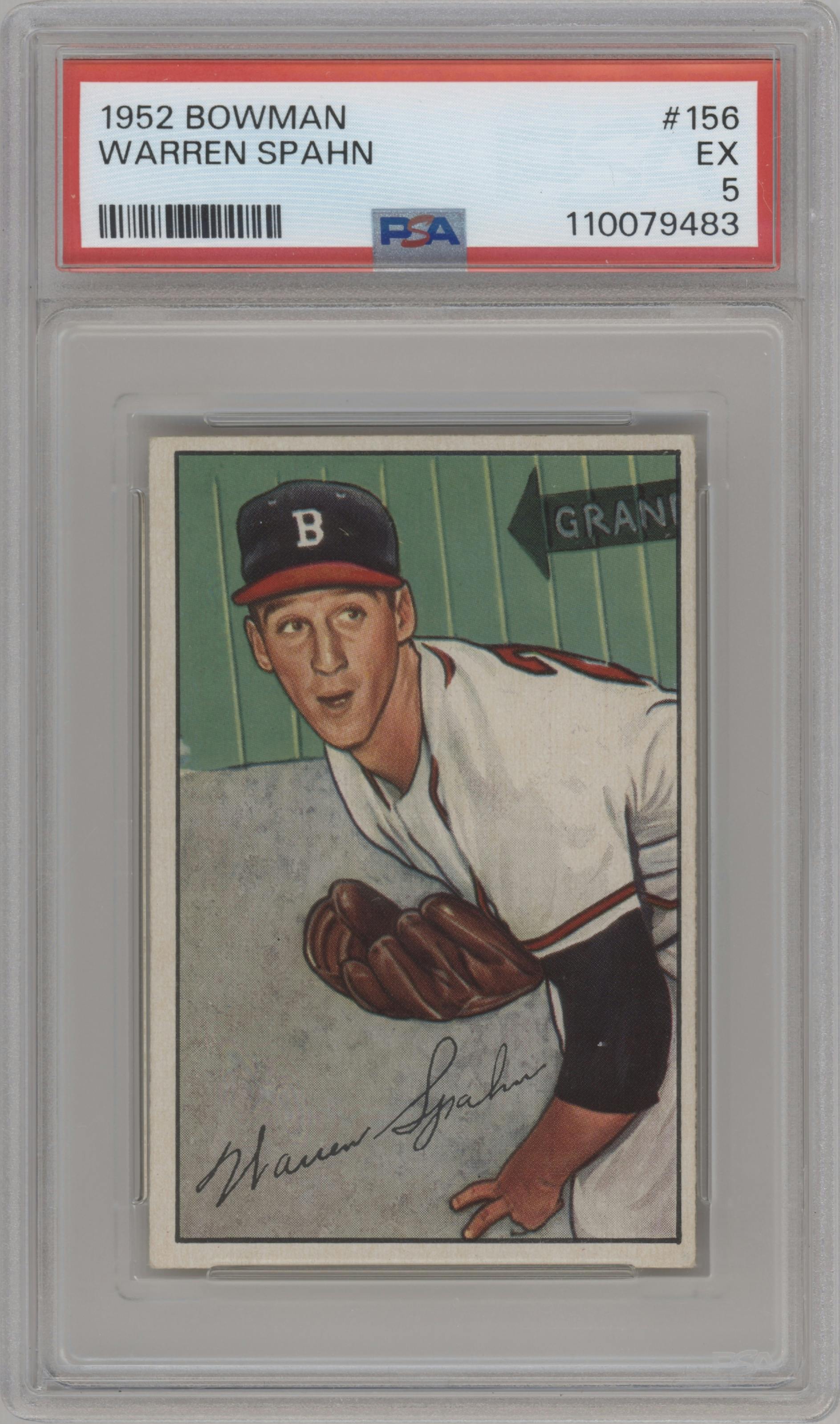 Warren Spahn from the 1952 Bowman set graded by PSA and given an overall grade of 5.