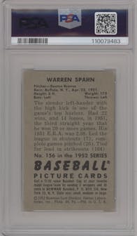 Warren Spahn from the 1952 Bowman set graded by PSA and given an overall grade of 5.