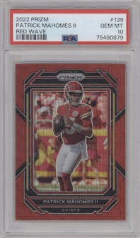 Patrick Mahomes II from the 2022 Panini Prizm set featuring a Red Wave parallel graded by PSA and given an overall grade of 10.