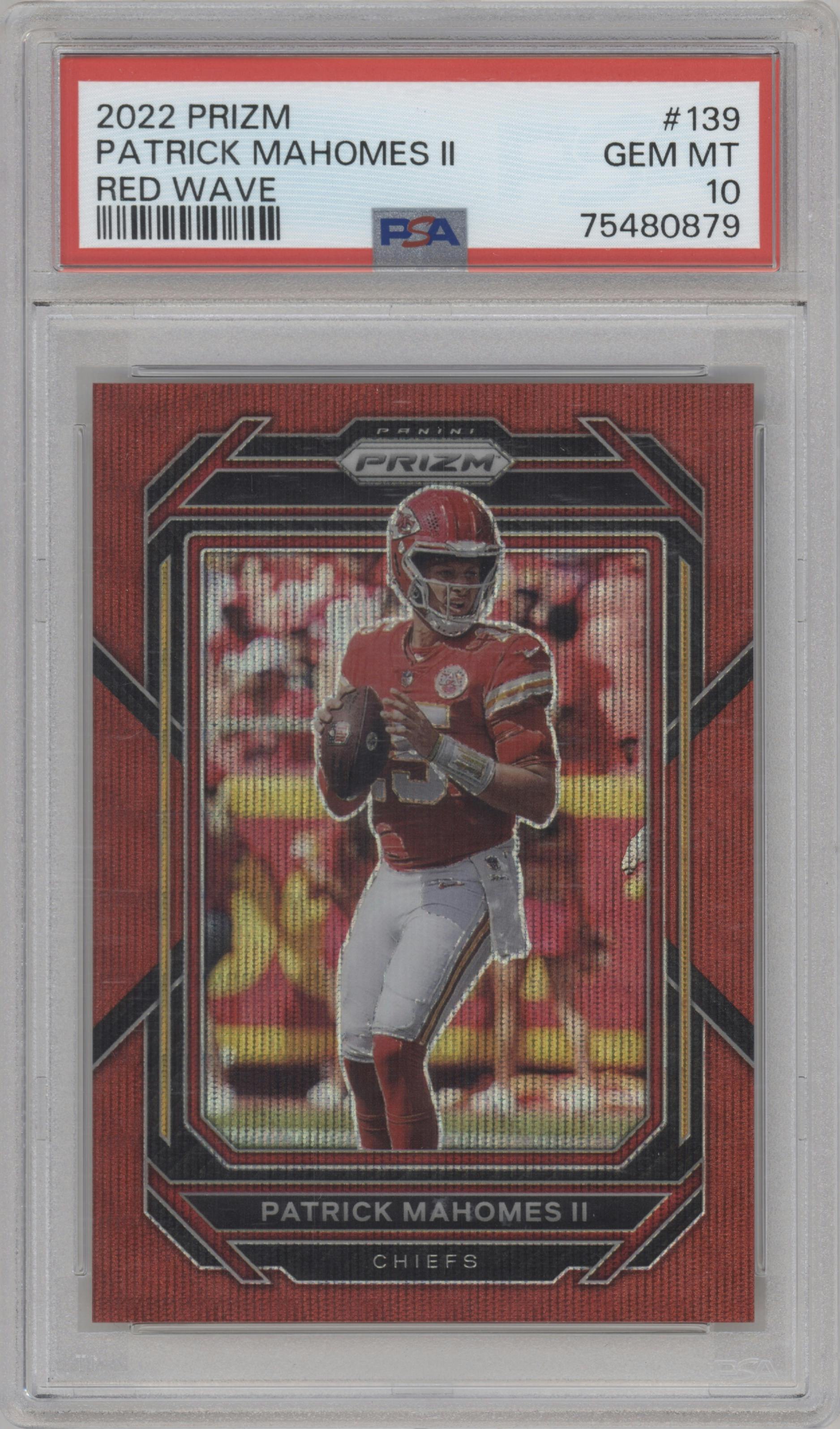 Patrick Mahomes II from the 2022 Panini Prizm set featuring a Red Wave parallel graded by PSA and given an overall grade of 10.