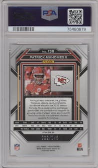 Patrick Mahomes II from the 2022 Panini Prizm set featuring a Red Wave parallel graded by PSA and given an overall grade of 10.