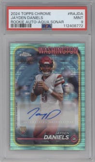 Jayden Daniels from the 2024 Topps Chrome set featuring a Aqua Sonar Refractor parallel graded by PSA and given an overall grade of 9.