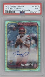 Jayden Daniels from the 2024 Topps Chrome set featuring a Aqua Sonar Refractor parallel graded by PSA and given an overall grade of 9.