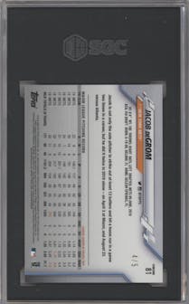 Jacob deGrom from the 2020 Topps Chrome set featuring a Red Wave parallel graded by SGC and given an overall grade of 9.