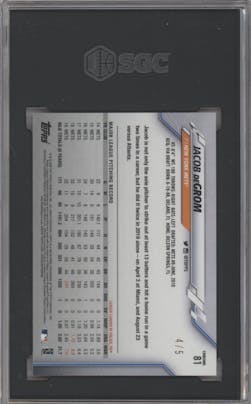 Jacob deGrom from the 2020 Topps Chrome set featuring a Red Wave parallel graded by SGC and given an overall grade of 9.
