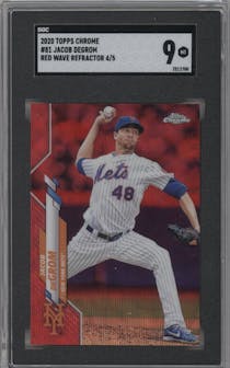 Jacob deGrom from the 2020 Topps Chrome set featuring a Red Wave parallel graded by SGC and given an overall grade of 9.