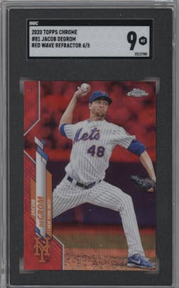 Jacob deGrom from the 2020 Topps Chrome set featuring a Red Wave parallel graded by SGC and given an overall grade of 9.