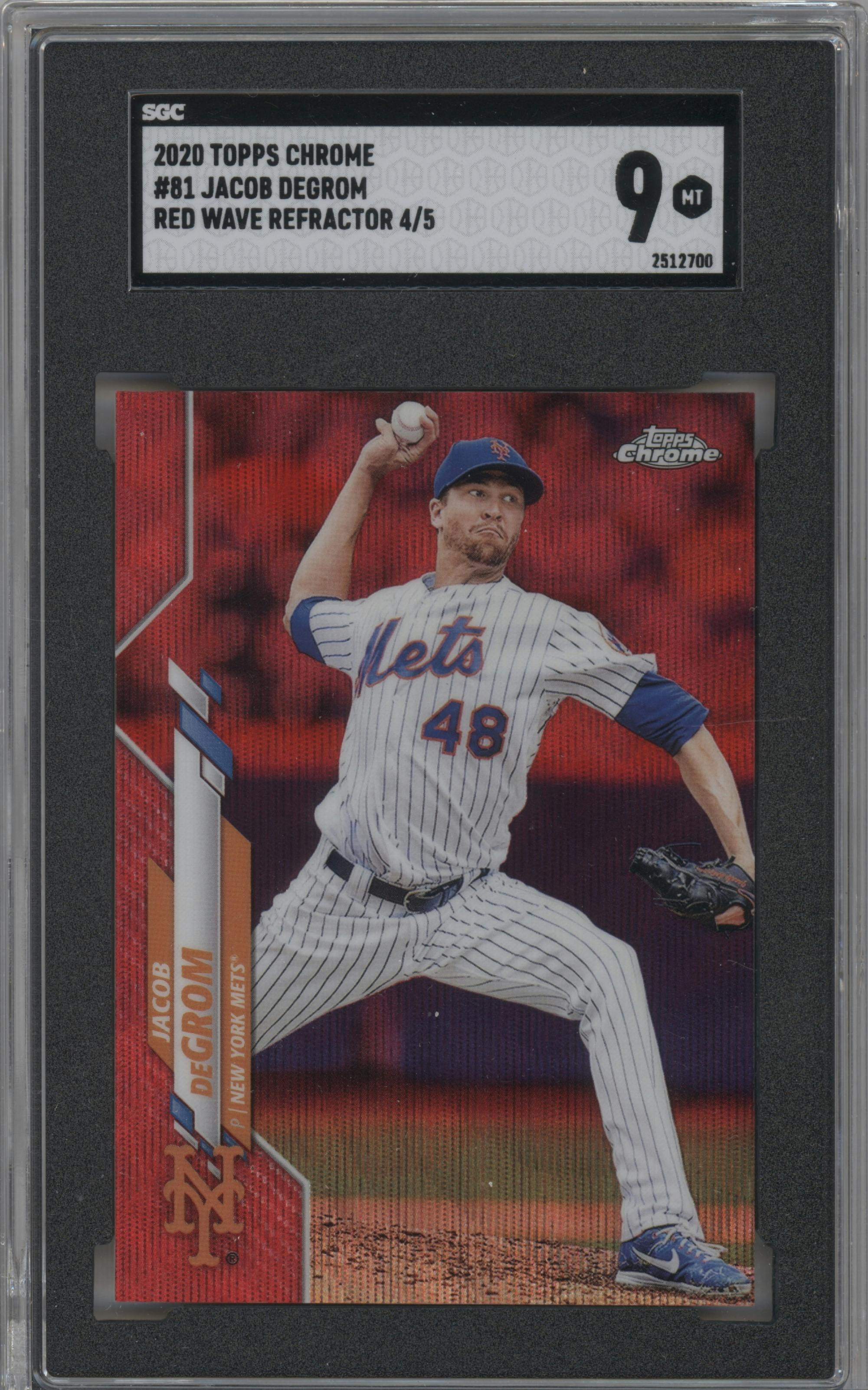 Jacob deGrom from the 2020 Topps Chrome set featuring a Red Wave parallel graded by SGC and given an overall grade of 9.