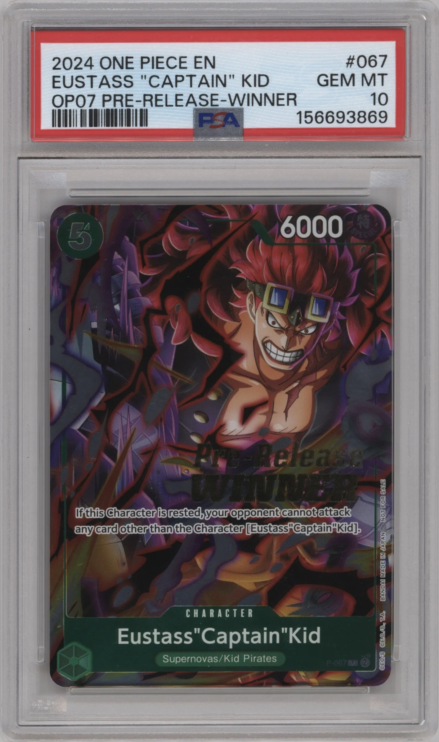2024 One Piece OP-07 Pre-Release Eustass"Captain"Kid Winner PSA 10