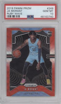 Ja Morant from the 2019-20 Panini Prizm set featuring a Ruby Wave parallel graded by PSA and given an overall grade of 10.