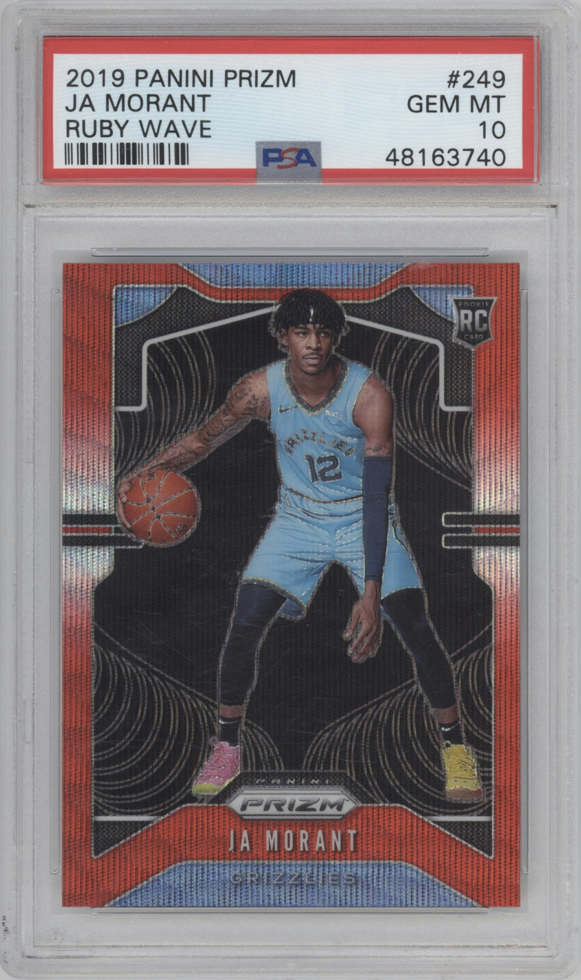 Ja Morant from the 2019-20 Panini Prizm set featuring a Ruby Wave parallel graded by PSA and given an overall grade of 10.