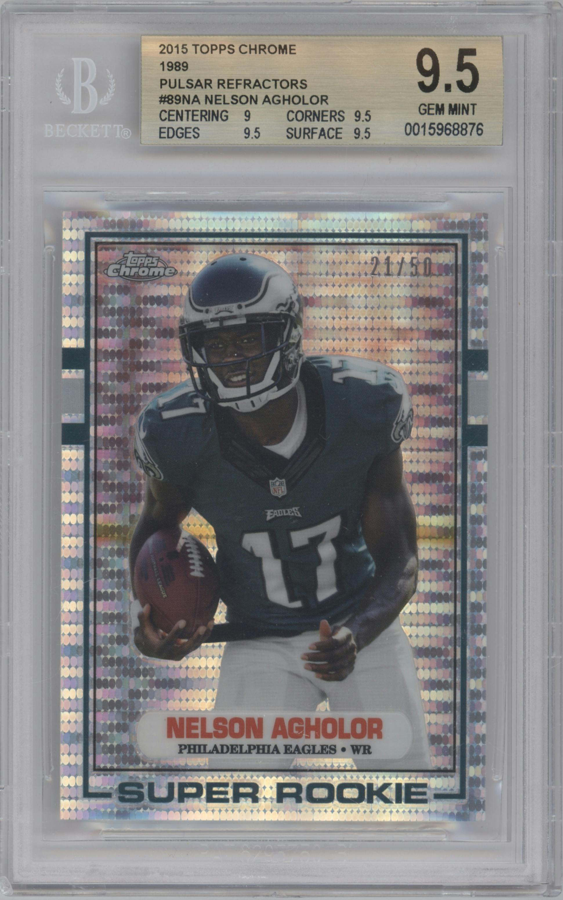 Nelson Agholor from the 2015 Topps Chrome set featuring a Pulsar Refractor parallel graded by Beckett and given an overall grade of 9.5.