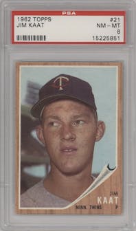 Jim Kaat from the 1962 Topps set graded by PSA and given an overall grade of 8.