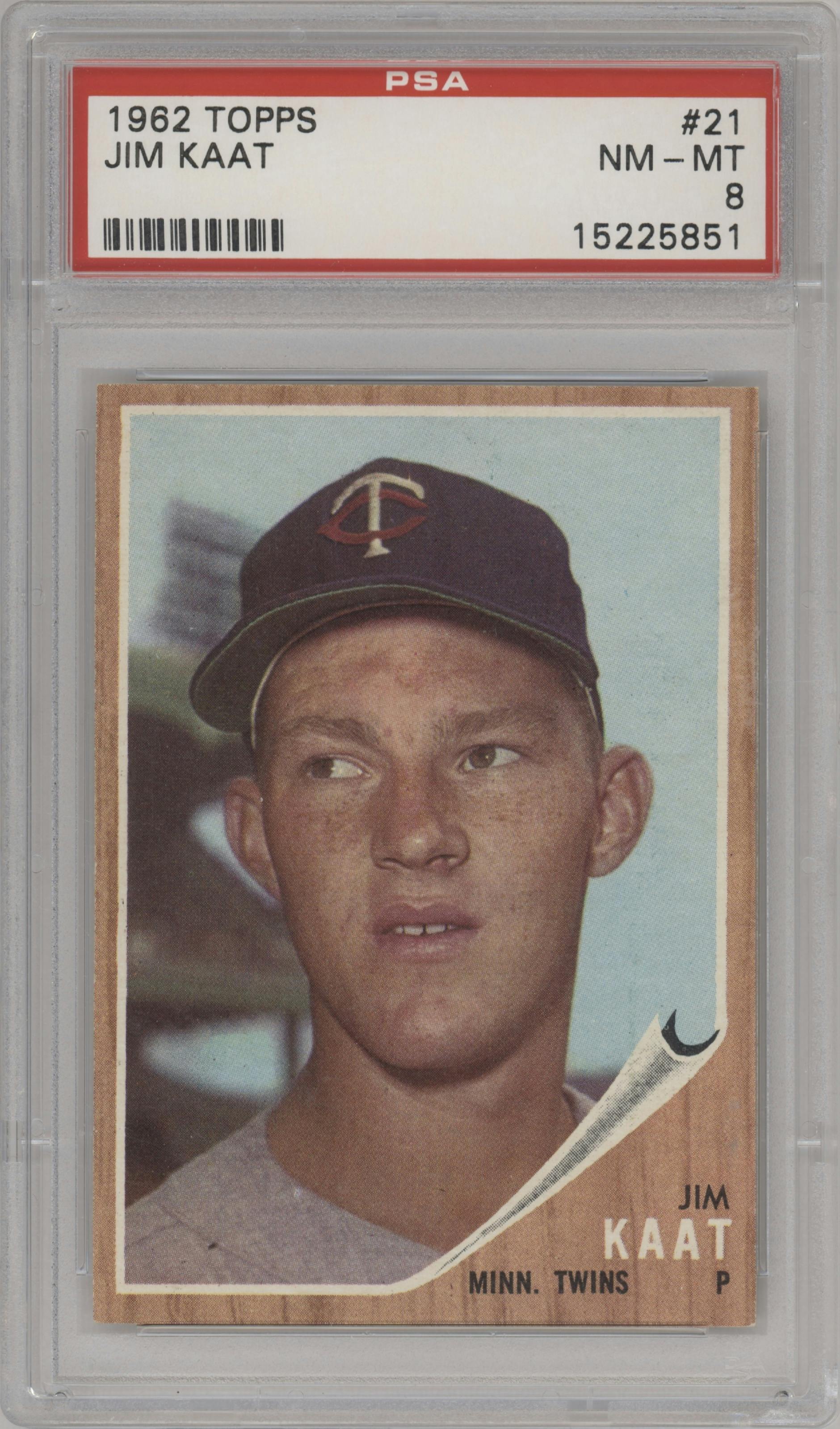 Jim Kaat from the 1962 Topps set graded by PSA and given an overall grade of 8.