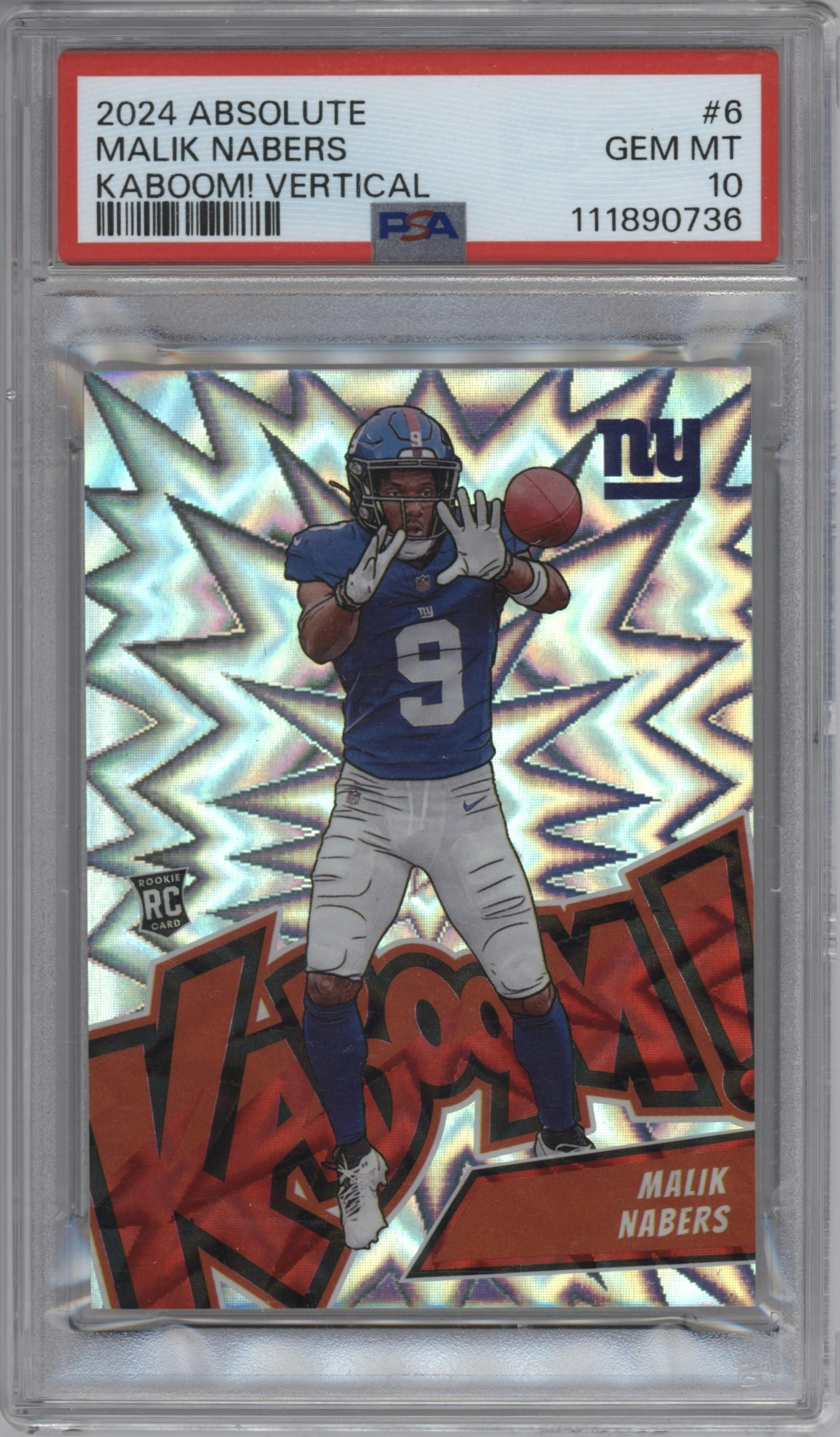 Malik Nabers from the 2024 Panini Absolute set graded by PSA and given an overall grade of 10.