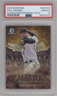 Paul Skenes from the 2024 Bowman set featuring a Gold Refractors parallel graded by PSA and given an overall grade of 10.