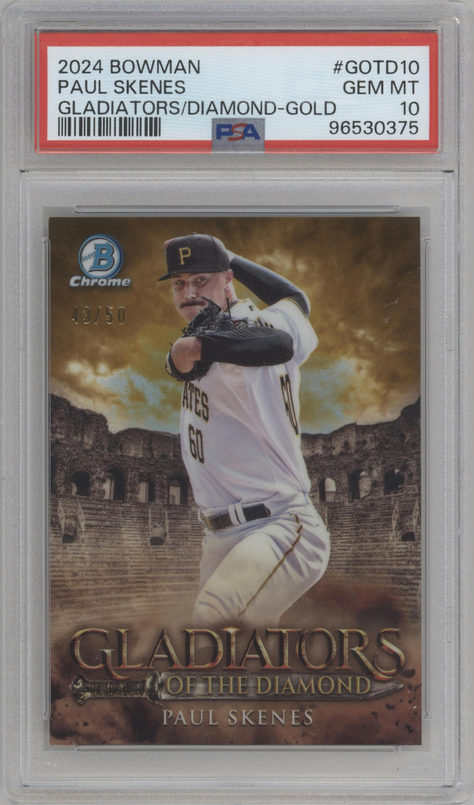 Paul Skenes from the 2024 Bowman set featuring a Gold Refractors parallel graded by PSA and given an overall grade of 10.