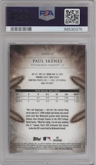 Paul Skenes from the 2024 Bowman set featuring a Gold Refractors parallel graded by PSA and given an overall grade of 10.