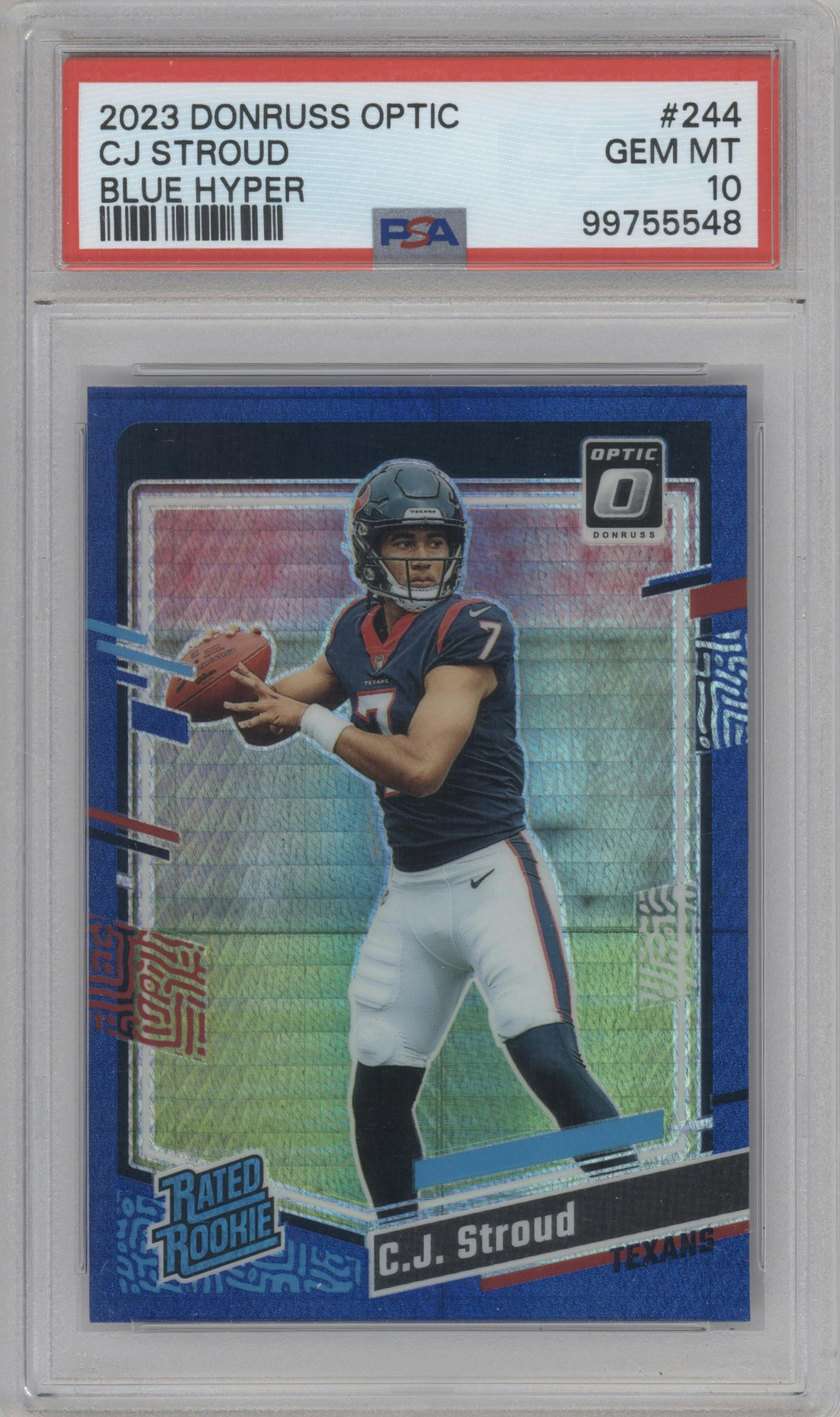 C.J. Stroud from the 2023 Donruss Optic set featuring a Hyper Blue parallel graded by PSA and given an overall grade of 10.