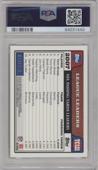 Tom Brady from the 2008 Topps Chrome set featuring a Gold Refractor parallel graded by PSA and given an overall grade of 9.
