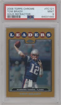 Tom Brady from the 2008 Topps Chrome set featuring a Gold Refractor parallel graded by PSA and given an overall grade of 9.