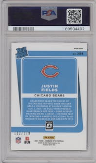 Justin Fields from the 2021 Panini Donruss Optic set featuring a Blue  parallel graded by PSA and given an overall grade of 10.