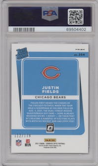 Justin Fields from the 2021 Panini Donruss Optic set featuring a Blue  parallel graded by PSA and given an overall grade of 10.