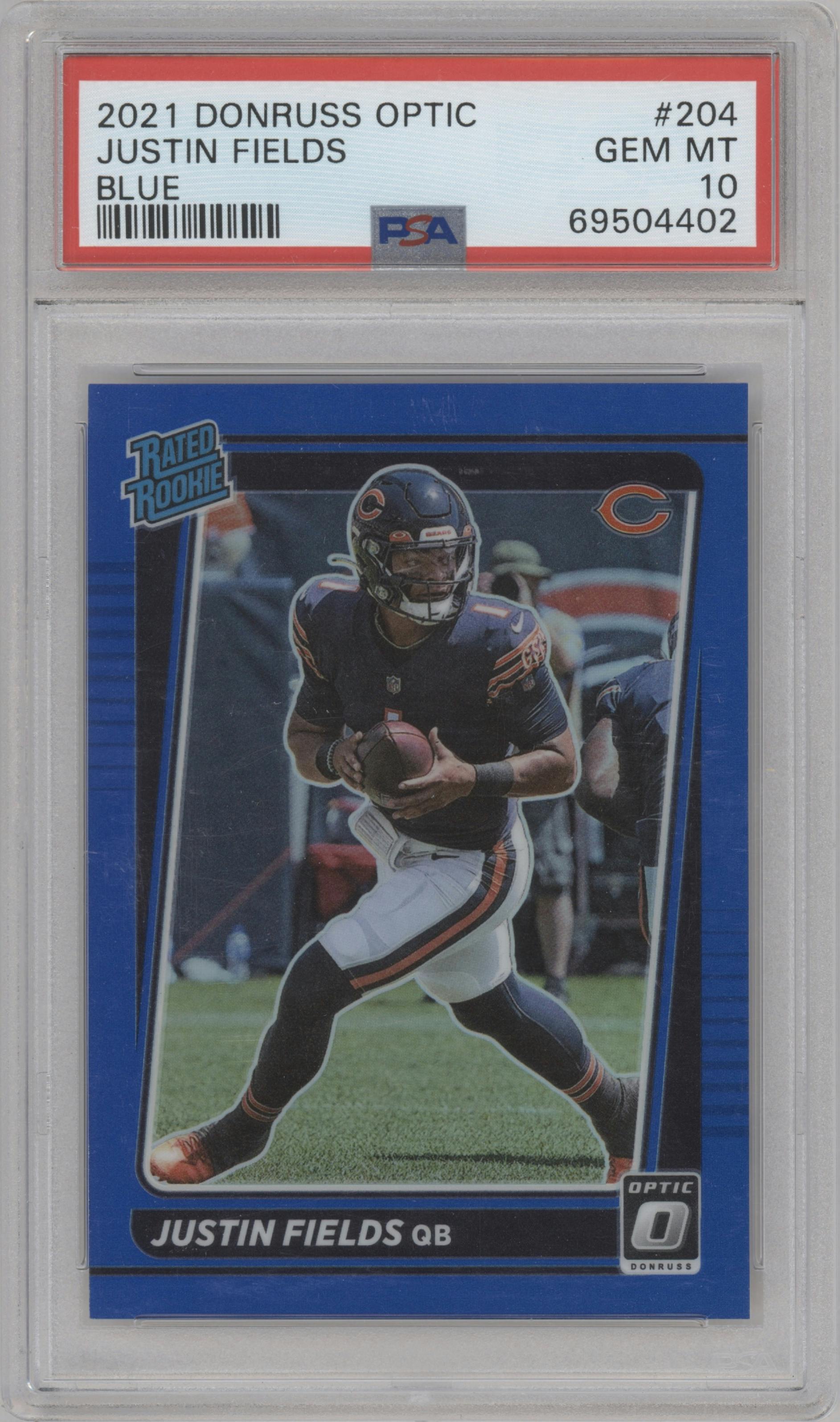 Justin Fields from the 2021 Panini Donruss Optic set featuring a Blue  parallel graded by PSA and given an overall grade of 10.