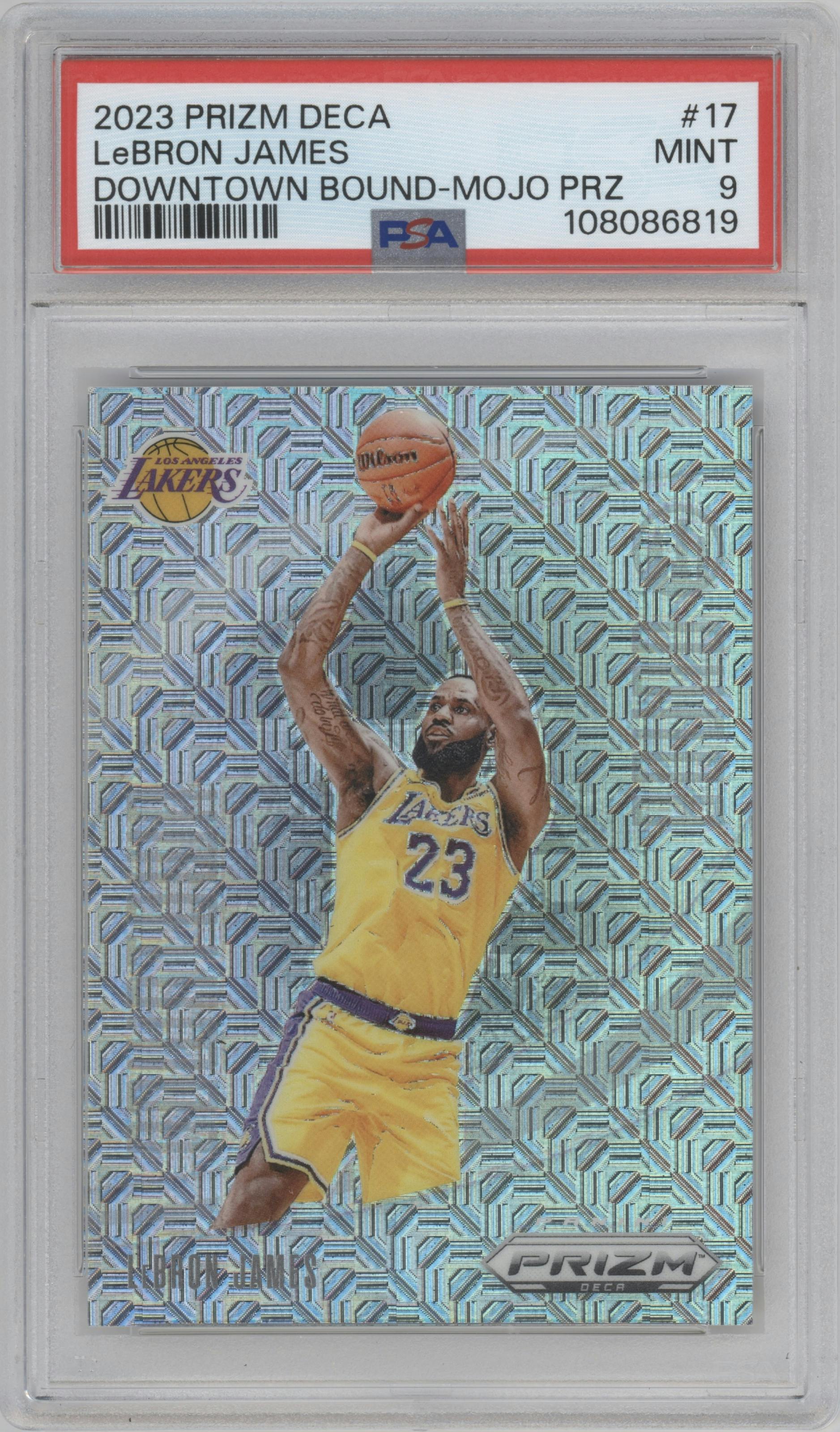 LeBron James from the 2023-24 Panini Prizm Deca set featuring a Mojo parallel graded by PSA and given an overall grade of 9.