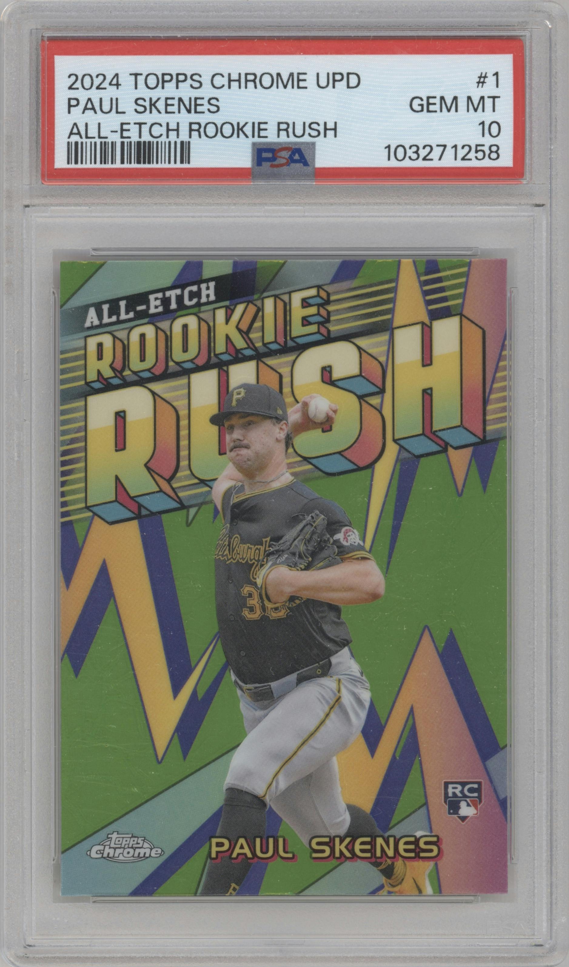 Paul Skenes from the 2024 Topps Chrome Update set graded by PSA and given an overall grade of 10.