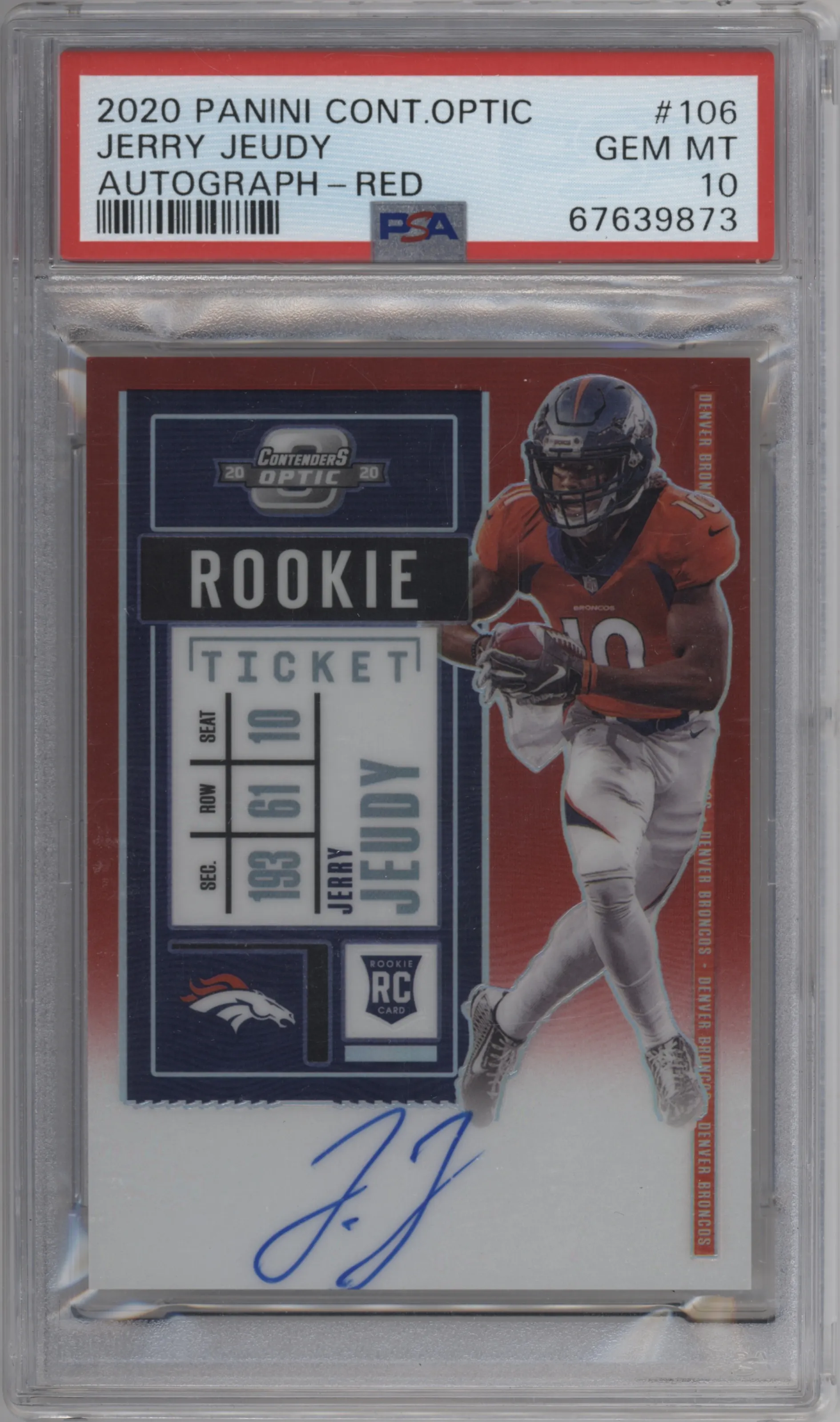 2020 Panini Contenders Optic Rke.Tkt RPS Auto Jerry Jeudy Red #106 PSA 10