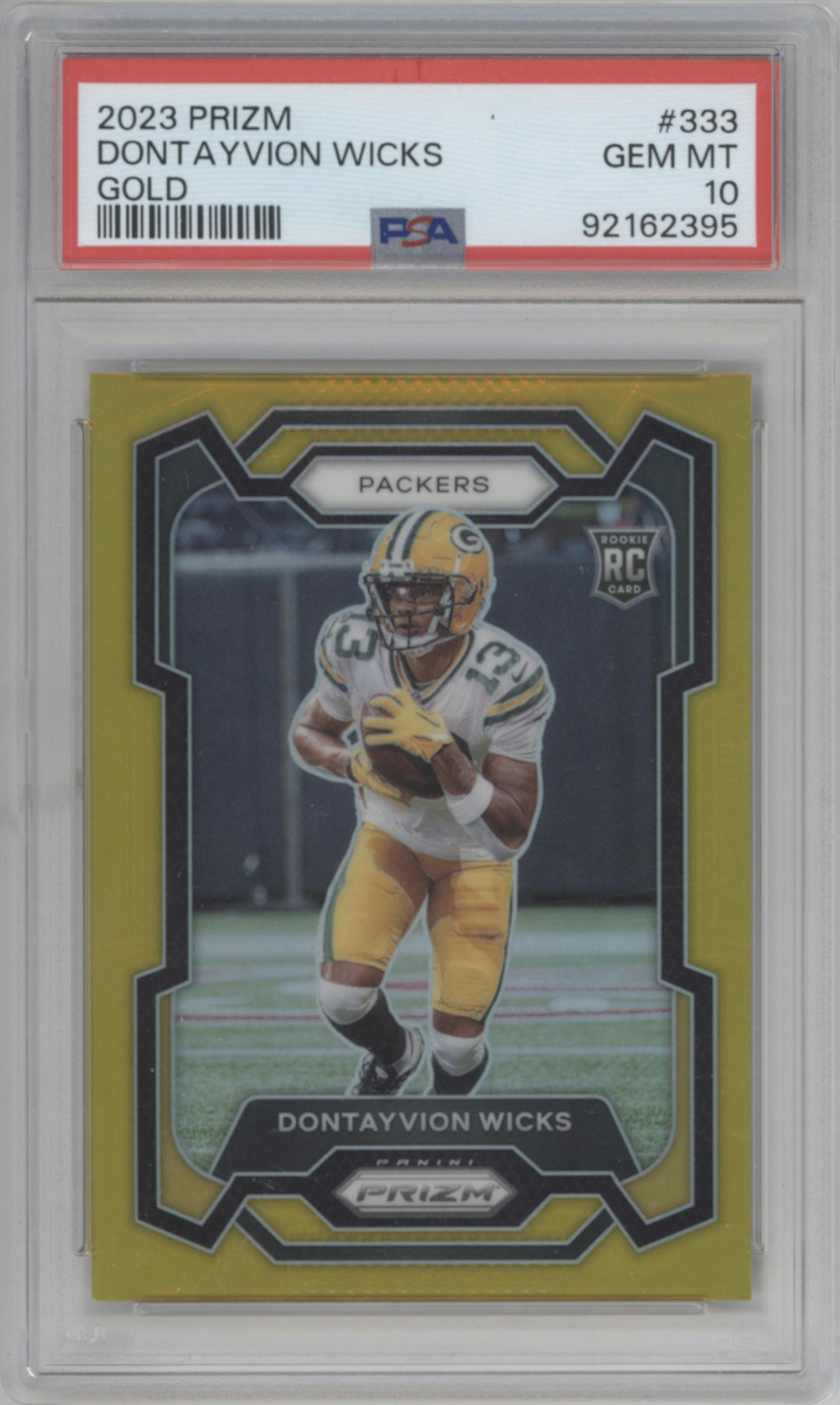 Dontayvion Wicks from the 2023 Panini Prizm set featuring a Gold Prizm parallel graded by PSA and given an overall grade of 10.