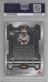 Dontayvion Wicks from the 2023 Panini Prizm set featuring a Gold Prizm parallel graded by PSA and given an overall grade of 10.