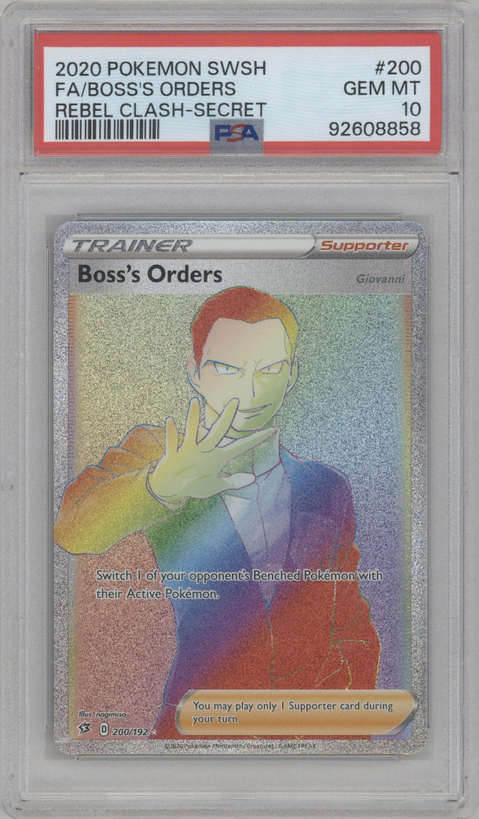 Boss's Orders from the 2020 Pokemon SWSH set graded by PSA and given an overall grade of 10.