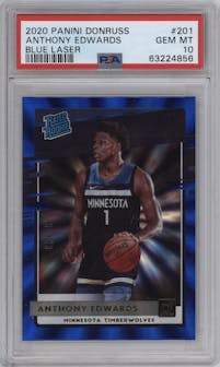 Anthony Edwards from the 2020-21 Panini Donruss set featuring a Blue Laser parallel graded by PSA and given an overall grade of 10.