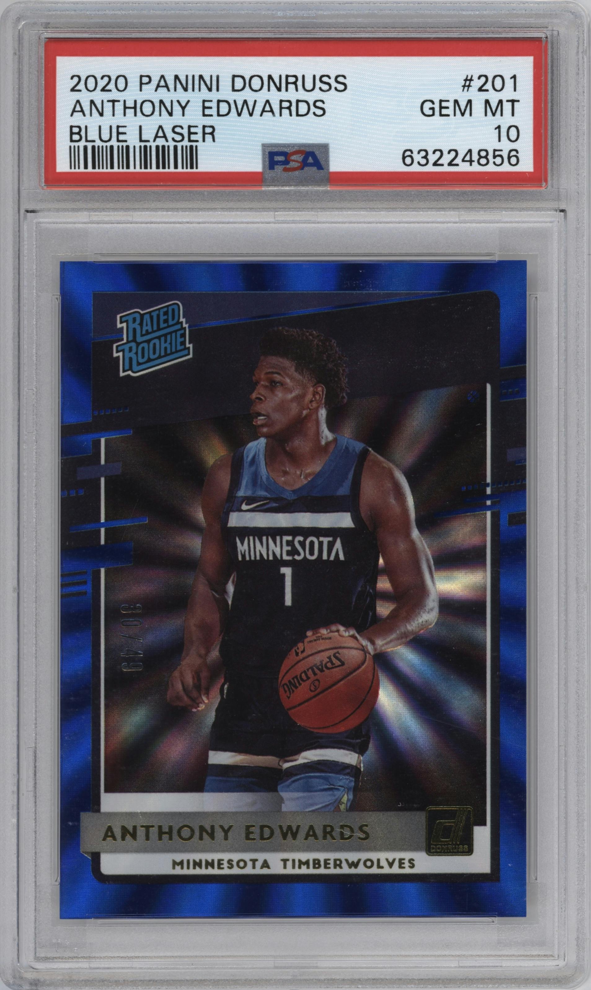 Anthony Edwards from the 2020-21 Panini Donruss set featuring a Blue Laser parallel graded by PSA and given an overall grade of 10.
