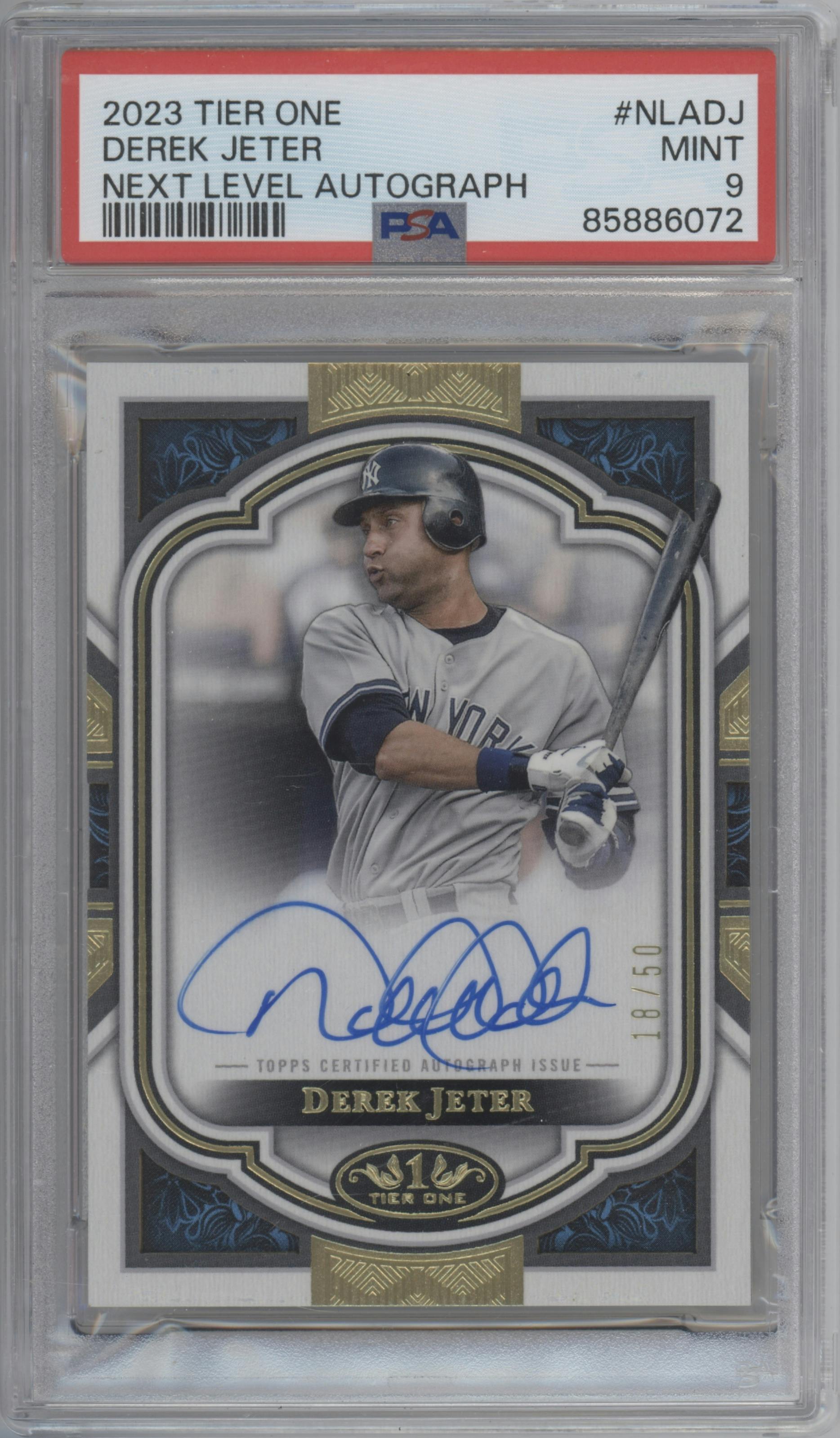 Derek Jeter from the 2023 Topps Tier One set graded by PSA and given an overall grade of 9.