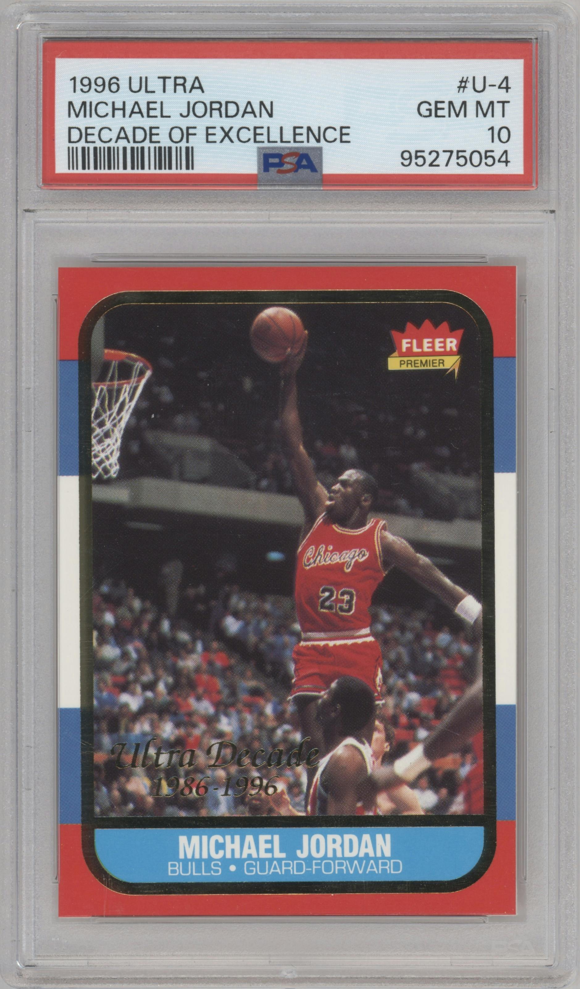Michael Jordan from the 1996-97 Fleer Ultra set graded by PSA and given an overall grade of 10.