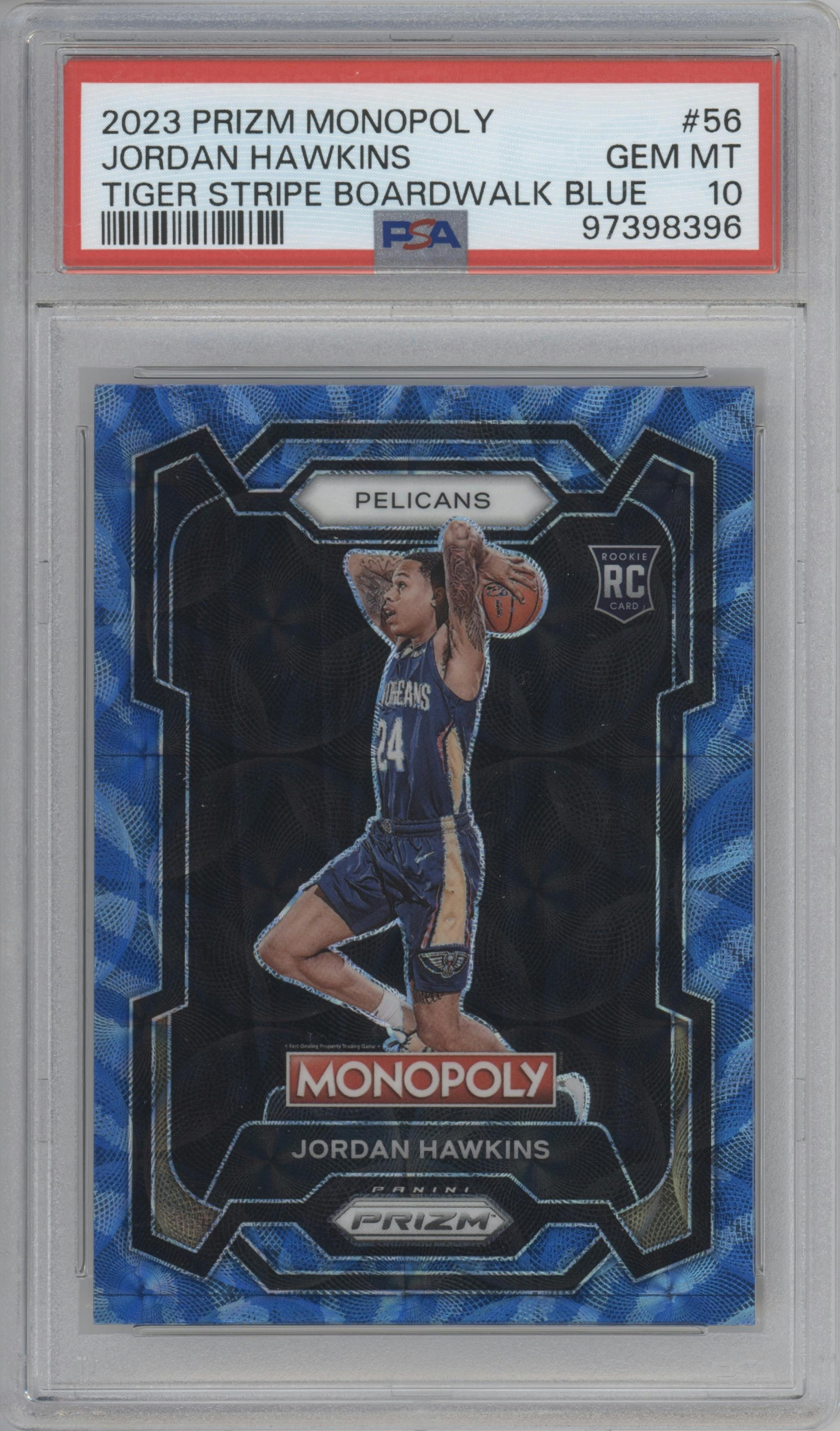 Jordan Hawkins from the 2023-24 Panini Prizm Monopoly set featuring a Boardwalk Blue Tiger Stripe parallel graded by PSA and given an overall grade of 10.