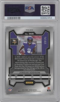Jordan Addison from the 2023 Panini Prizm set featuring a  Green Scope parallel graded by PSA and given an overall grade of 10.