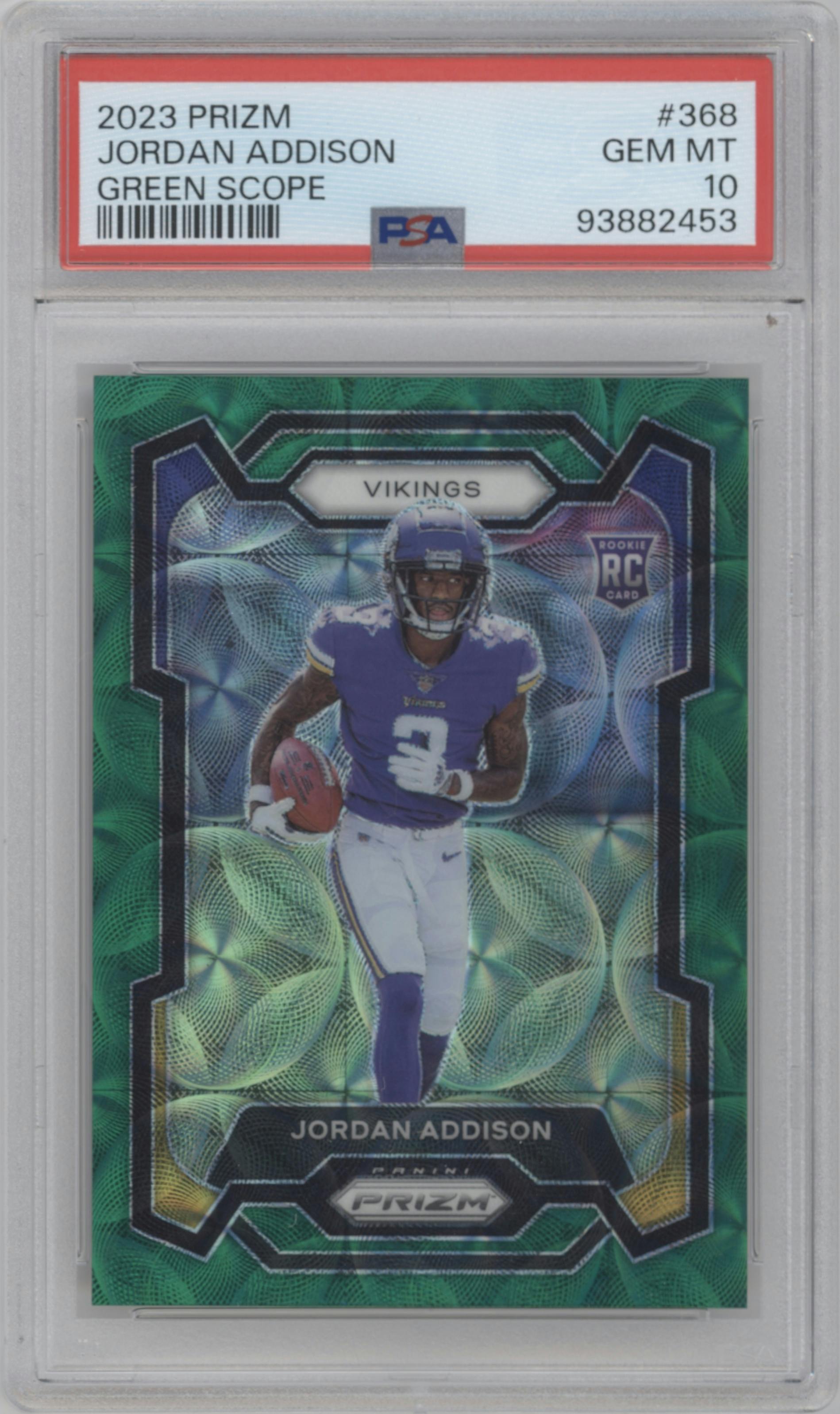 Jordan Addison from the 2023 Panini Prizm set featuring a  Green Scope parallel graded by PSA and given an overall grade of 10.