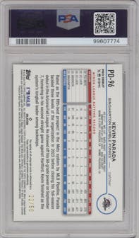 Kevin Parada  from the 2024 Topps Pro Debut set featuring a Gold parallel graded by PSA and given an overall grade of 10.