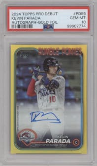 Kevin Parada  from the 2024 Topps Pro Debut set featuring a Gold parallel graded by PSA and given an overall grade of 10.