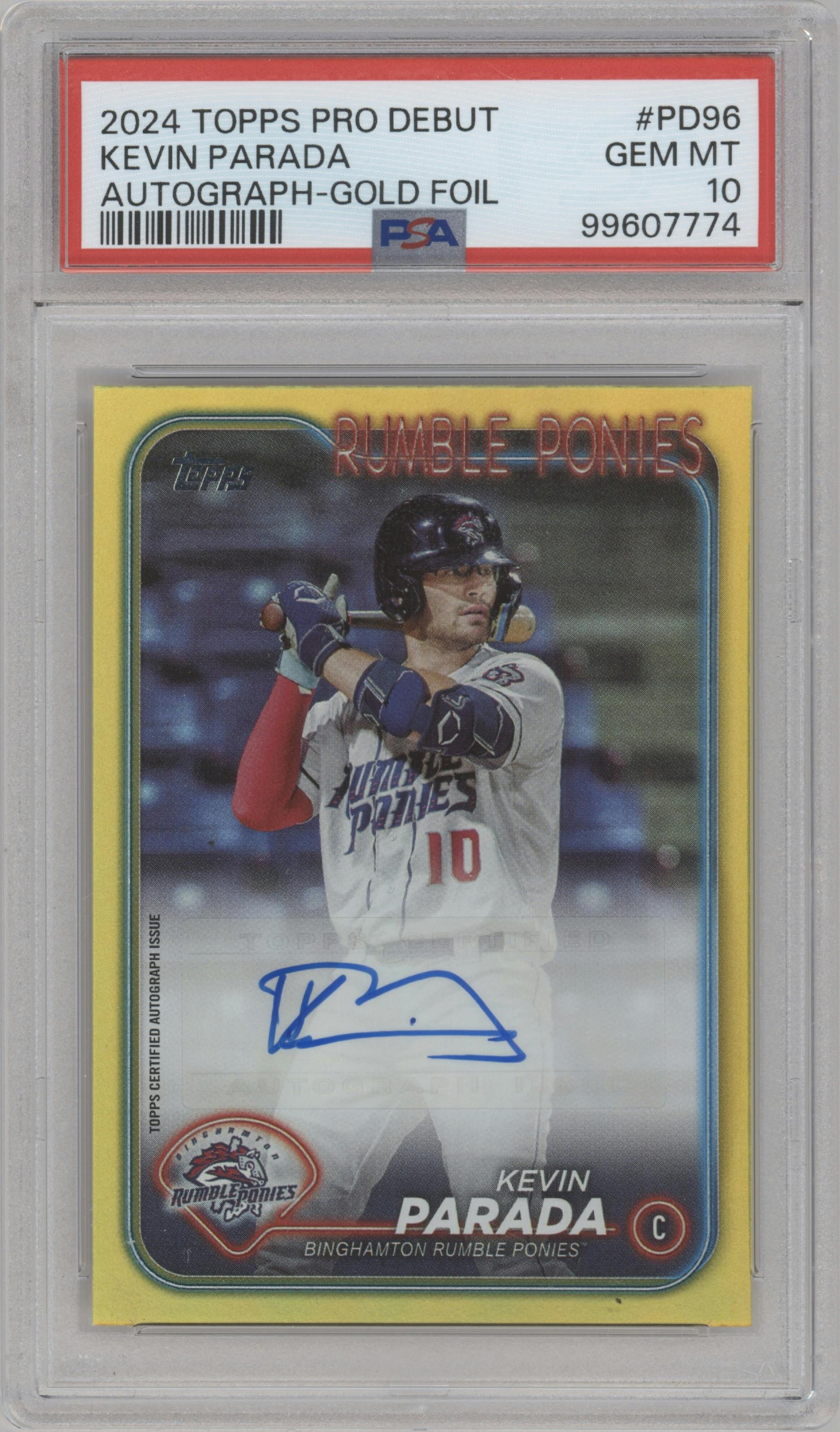 Kevin Parada  from the 2024 Topps Pro Debut set featuring a Gold parallel graded by PSA and given an overall grade of 10.