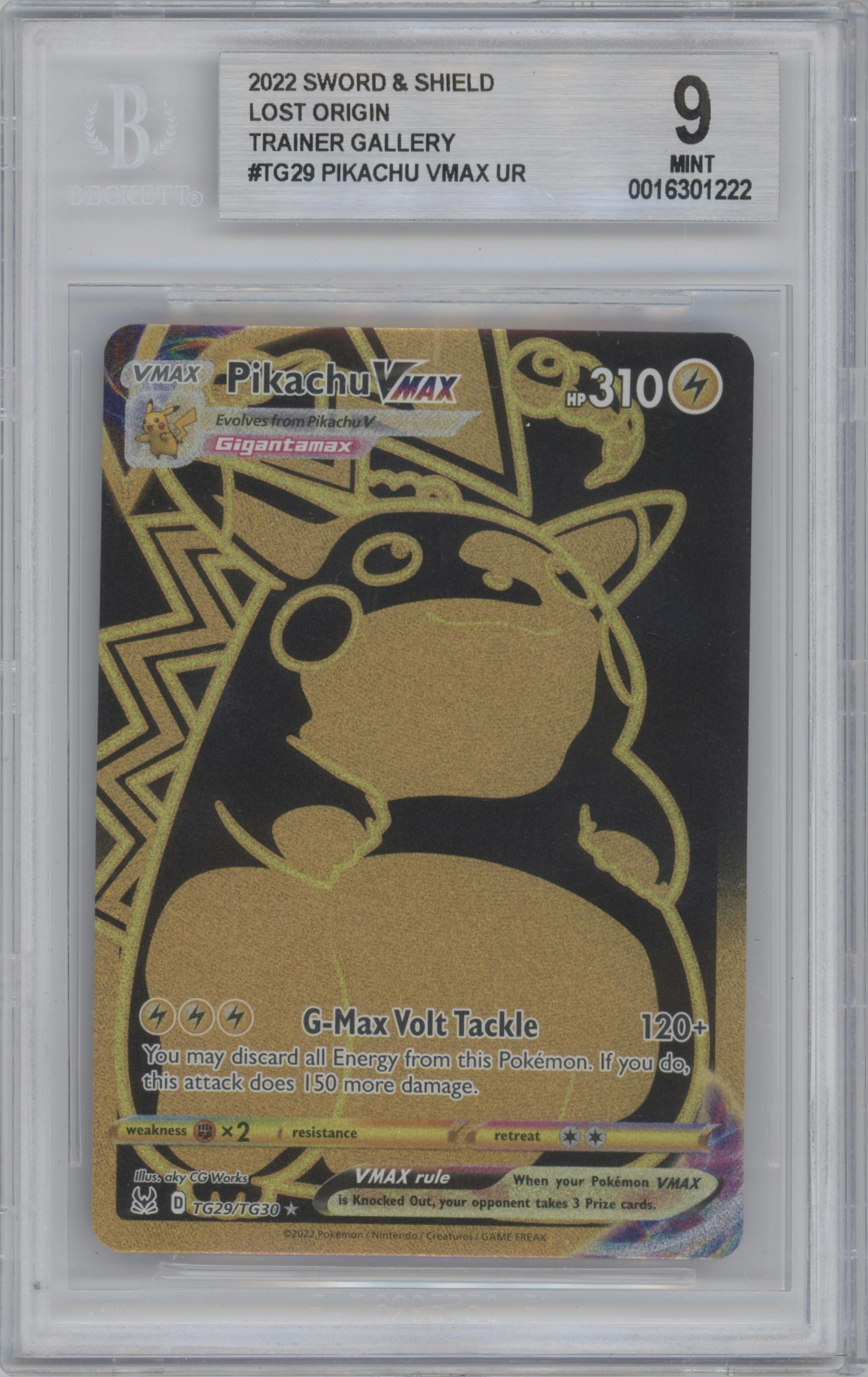 Pikachu VMAX  from the 2022 Pokemon SWSH set graded by Beckett and given an overall grade of 9.