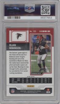 Bijan Robinson from the 2023 Panini Contenders Optic set featuring a Blue parallel graded by PSA and given an overall grade of 9.